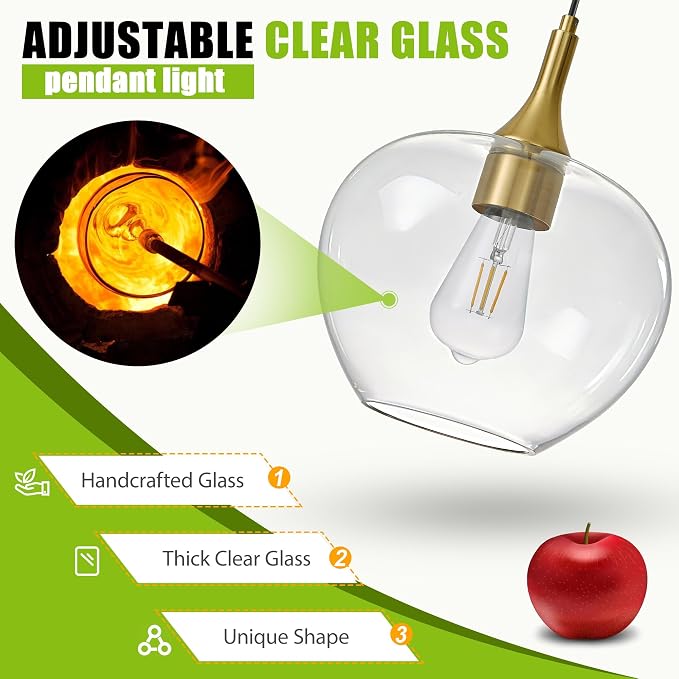 9.45in Gold Pendant Lights Kitchen Island with Clear Glass Shade 2Pack | Handcrafted Glass Pendant Light Fixtures, UL Certified, E26 Base 100W Max, Height-Adjustable, Dimmable Hanging Pendant Light