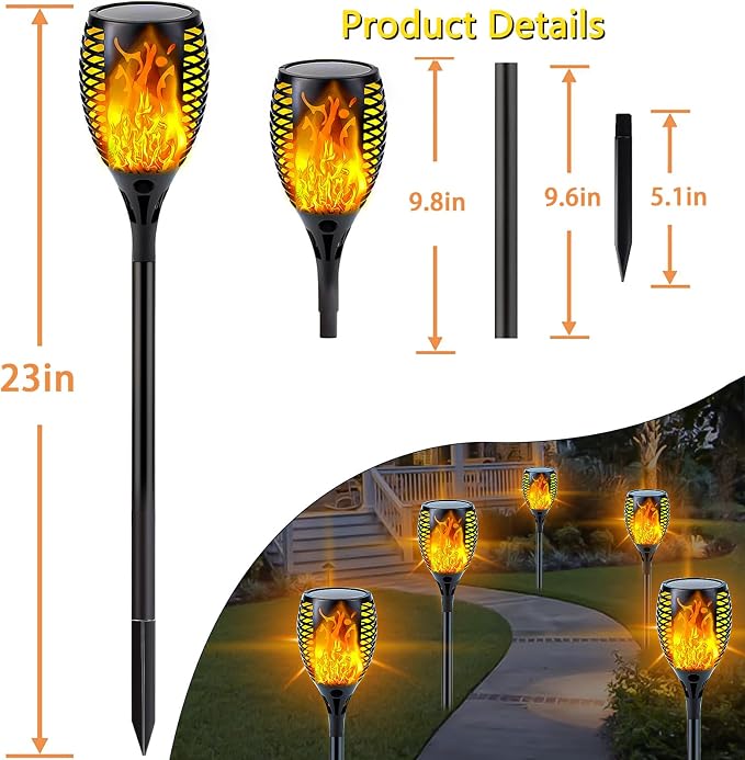 Solar Torch Lights with Flickering Flame Larger Size Solar Flame Lights | 4 Pack Upgraded Solar Lights Outdoor for Halloween Decor, Waterproof Solar Tiki Torches Outdoor for Garden Yard Pathway Patio