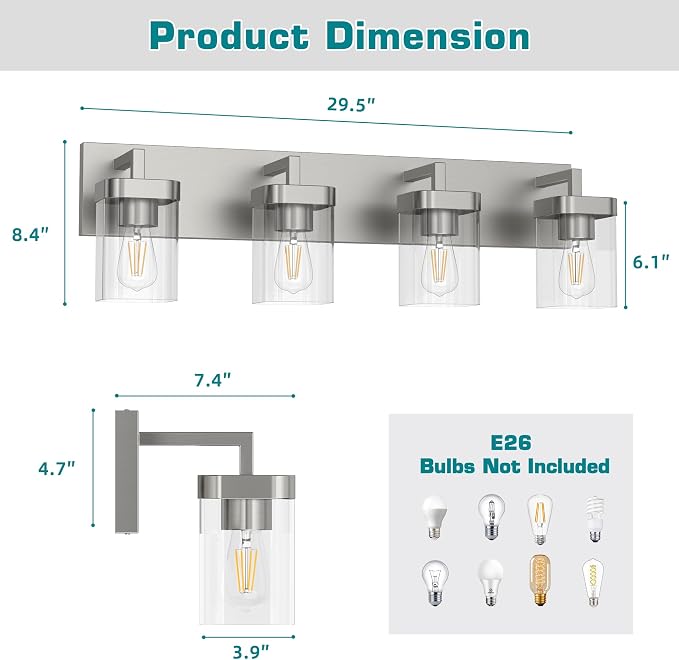 4-Light Bathroom Light Fixtures, Brushed Nickel Vanity Lights for Bathroom, Kitchen, Living Room, Modern Bathroom Vanity Lights with Clear Glass Shades