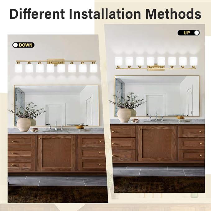 8 Light Bathroom Light Fixtures Gold for Big Mirror, Brushed Gold Vanity Lights for Bathroom with Milky White Frosted Glass Shades, 51 inch Wall Sconce for Mirrors Living Room Bedroom