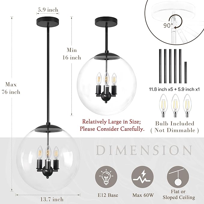 14" Globe Pendant Light 3-Light Black Mid Century Pendant Light Clear Glass Lights Kitchen Island Mid Century Adjustable Hanging Farmhouse Globe Fixtures for Living Room Lobby