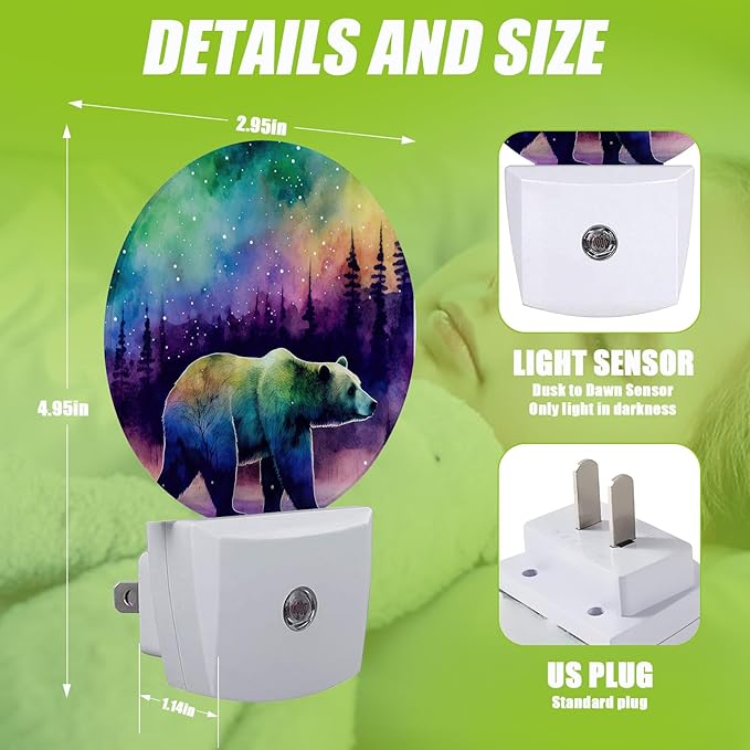 Aurora Forest Night Light,Magical Bear Night Lights Plug into Wall for Kitchens Toilets Bedroom Decorative Half Round Nightlight Led Lamp 0.5W Sleep Friendly