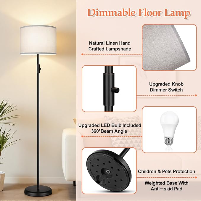 Floor Lamp Simple Design with Shade, Small Tall Lamps for Living Room Bedroom Office Dining Room Kitchen, Black Pole Lamp-Gray