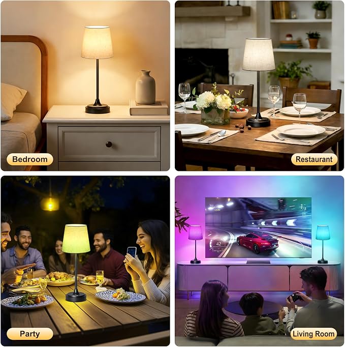 Wowag Cordless Table Lamp Rechargeable,5000mAh Battery Operated Desk Lamp,3 Colors & 7 RGB Stepless Dimmable,Touch Ambient Light for Bedside,Bedroom,Dining Room,Living Room,Black,FlaxenShade