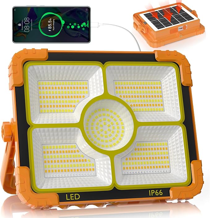 100W LED Solar Work Light, 466 LED 10000LM Magnetic Worklight with 5 Modes, 12000mAh Battary Rechargeable, IP66 Waterproof Portable Solar Outdoor Working Light for Emergency, Repair, Camping