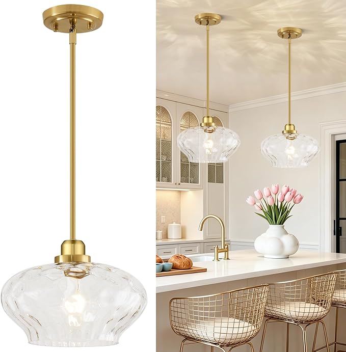 Modern Pendant Lights Kitchen Island, Brushed Gold Pendant Light Fixtures with 11" Clear Hammered Glass Shade, Industrial Hanging Pendant Lights Fixture for Kitchen Island Dining Room Hallway Entryway