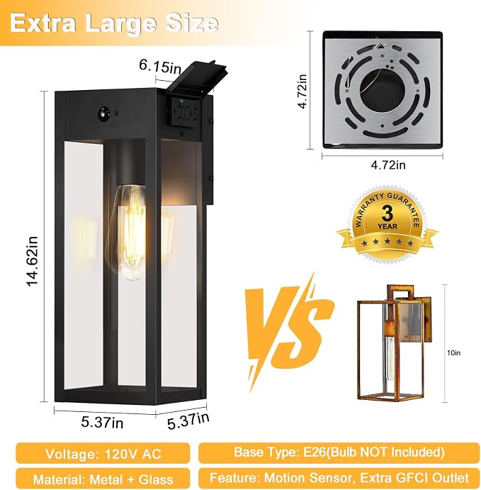 Porch Lights with GFCI Outlet, Large Motion Sensor Outdoor Lights | Dusk to Dawn, Anti-Rust, Waterproof, Tempered Glass, Easy Installation, E26 Socket, 2-Pack Black Exterior Lighting for Patio
