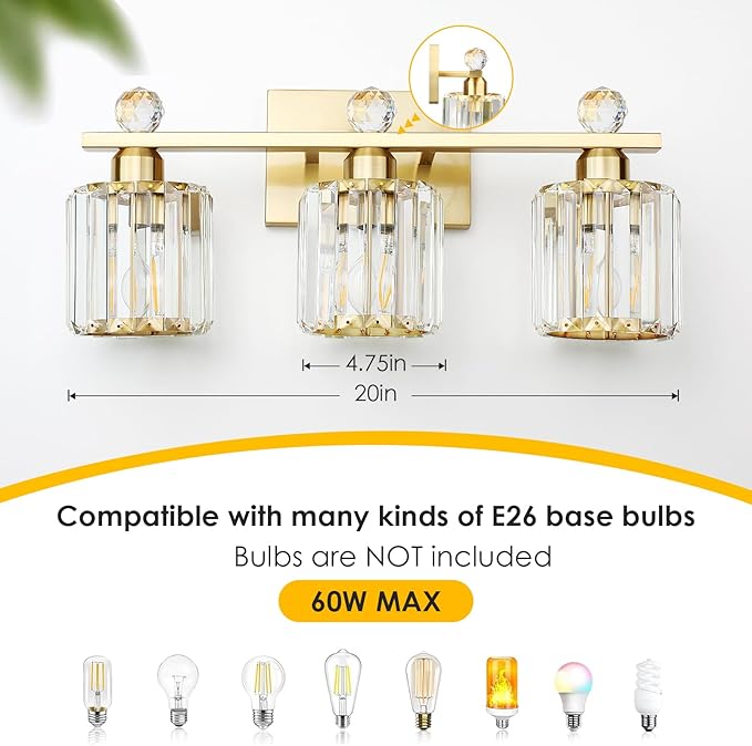 3-Light Gold Bathroom Light Fixtures,Modern Bathroom Vanity Lights Fixture with Clear Crystal Glass Shade, Modern Crystal 3 Lights Wall Sconce for Mirror Bedroom Living Room