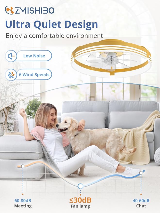 ZMISHIBO Low Profile Ceiling Fans with Lights and Remote, 20" Gold | 3000K-6000K Dimmable Fandelier LED, Flush Mount, 6 Wind Speeds, Reversible, Timer, Bedroom, Living Room, Kitchen, Kids Room