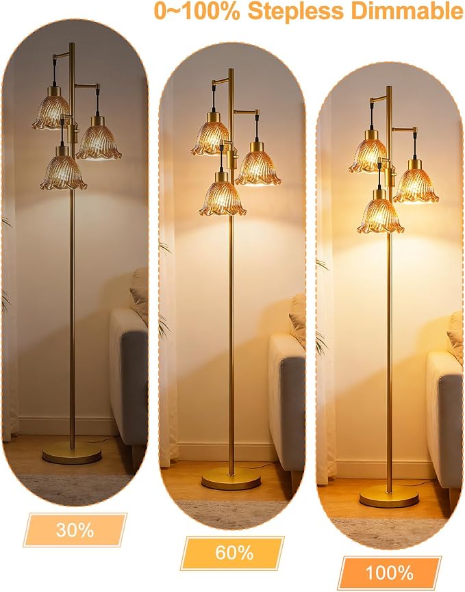 Lightdot Glass Floor Lamps for Living Room, 3-Light Dimmable Floor Lamp with Amber Glass Shade& E12 Bulbs Included, Mid Century Standing Tall Lamp with 5Lbs Heavy Base for Bedroom/Sofa Beside-Gold