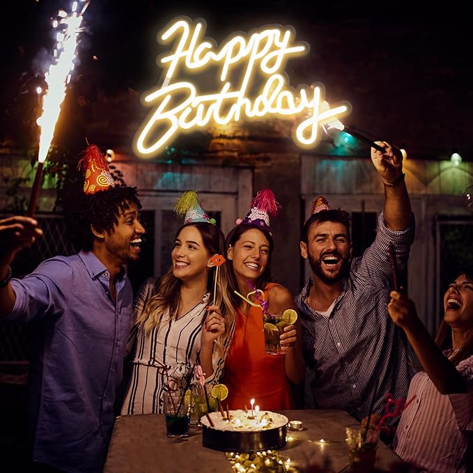 Happy Birthday Neon Sign for Wall Party Decor, LED Happy Birthday Light up Sign for Backdrop, 16"x 11" USB Powered 10 Brightness Settings Light up Signs Party Decorations Backdrop, Warm White