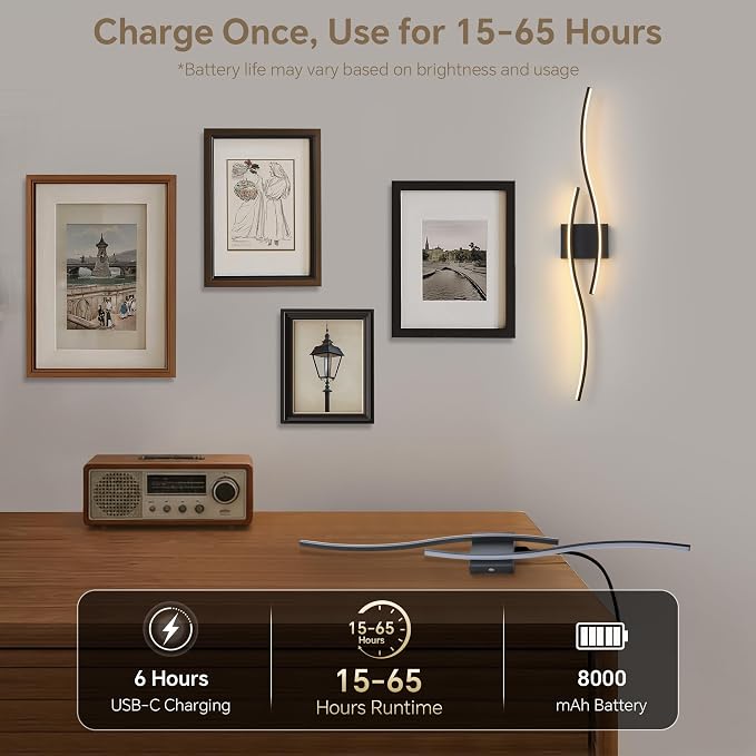 Battery Operated Wall Sconce Set of 2, Dimmable Modern LED Wireless Wall Light with Remote Control, Sconce Wall Decor for Living Room, Hallway, Quick Install, No Electrician Required