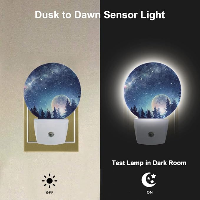 Forest Moon Night Lights Plug into Wall, Stars Starry Night LED Plug-in Nightlight, Night Sky Milky Way Starry Sky Galaxy Night Light with Dusk to Dawn Sensor for Home Decor