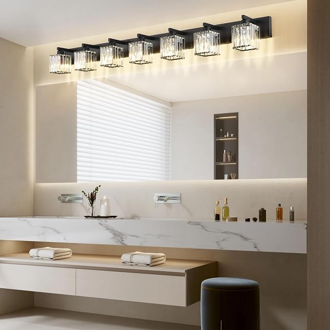 Aipsun Black Vanity Light Crystal Bathroom Lighting Fixtures Modern Bathroom Vanity Light 7 Light (Exclude Bulb)