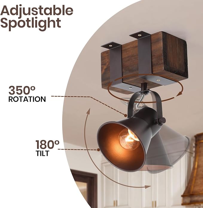 Rustic Ceiling Light, 1 Light Semi Flush Mount Ceiling Light, Farmhouse Wooden Spotlight Ceiling Light with Adjustable Head for Kitchen Sink Hallway Entryway Bedroom