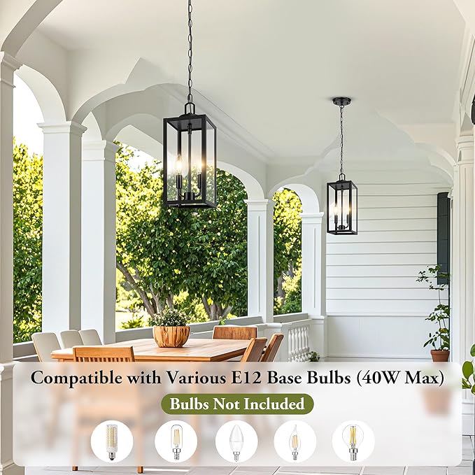 15” Large Outdoor Pendant Light, 2-Light Hanging Lantern, Black | Hanging Height Adjustable, Waterproof, Rust-Resistant, Durable Metal & Clear Glass, Dual E12 Sockets, Easy to Install