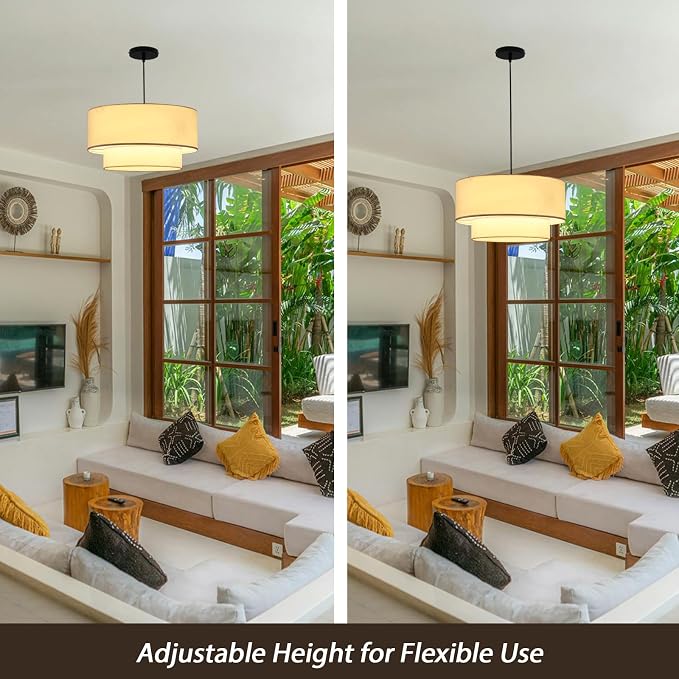 Drum Pendant Light, 18" Drum Chandelier with 2-Tier Lampshade | 3 Light Linen Pendant Light Fixture, White Lampshade, Modern Drum Light for Dining Room, Living Room, Bedroom, Kitchen