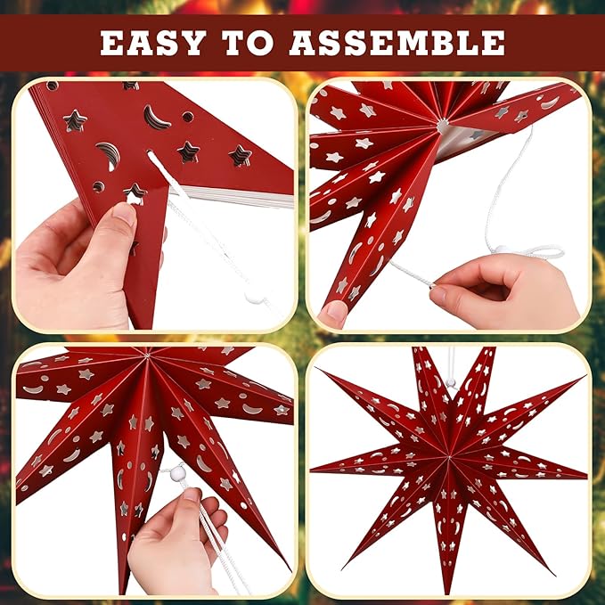 5 Set 3D Paper Star Lantern - 9 Pointed Hanging Star Lampshade for Xmas Wedding Birthday Party Decor(Brown, Green, Beige, Red, 24 Inch)