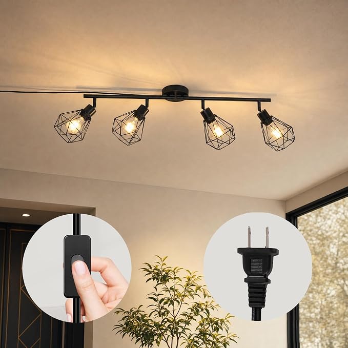 Plug in Track Lighting Kit, 80cm LED 4 Light Kitchen Track Lighting, Corded Wall Light with 16.4ft Cord, 4 Way Ceiling Spot Lighting Flexibly Rotatable Head Not Include Bulb (4-Black-Cage)