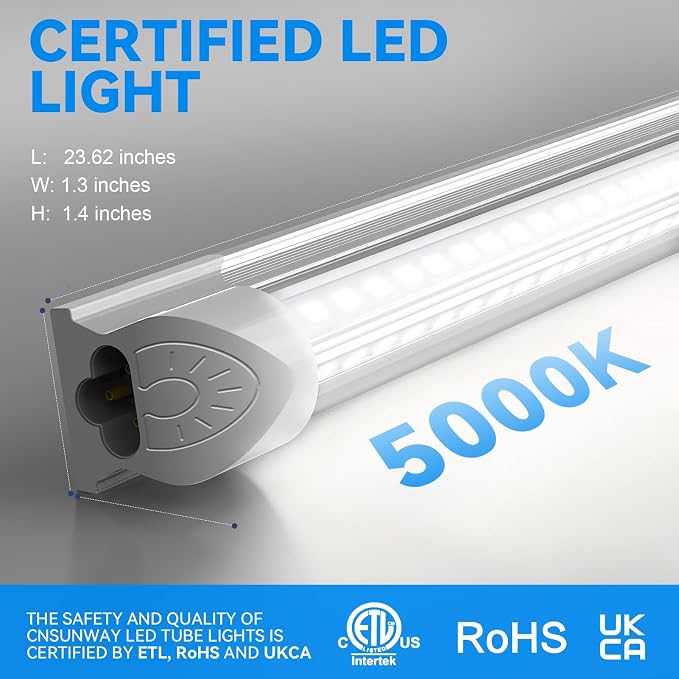 (6-Pack) CNSUNWAY LED Shop Lights 2FT, V-Shaped Linkable 22W 3300LM 5000K | Under Cabinet Lighting, T8 Tube Light Fixtures, Shop Light for Workbench, Kitchen, Workshop, Plug and Play, ETL Listed