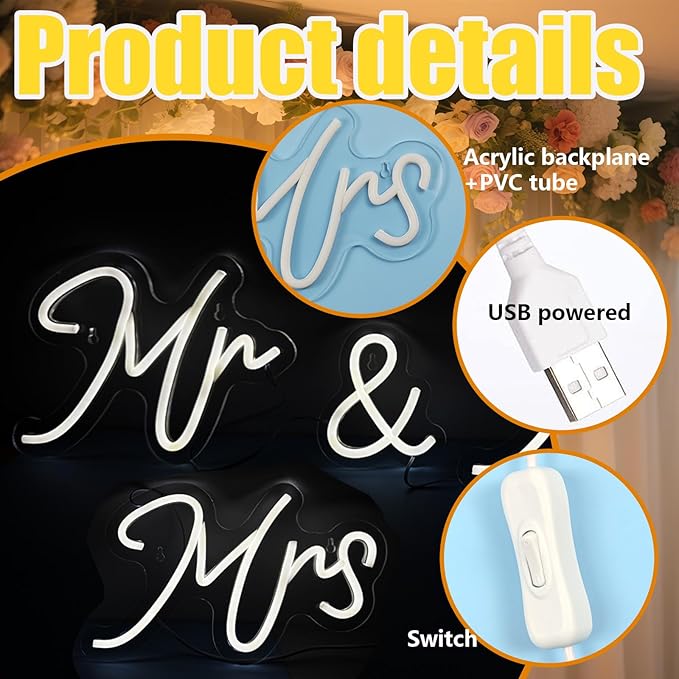 Mr and Mrs Neon Sign for Wedding Neon Light LED Backdrop Wall Decor USB Wedding Reception Decoration Gifts for Anniversary Engagement Banquet