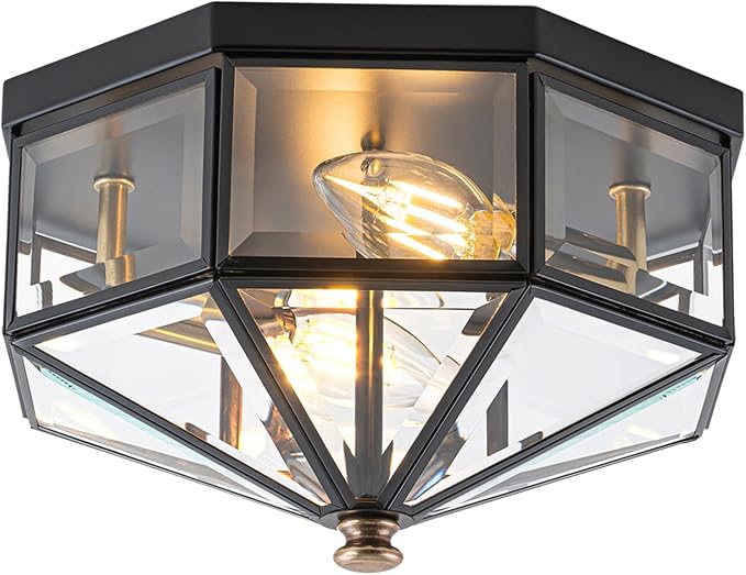 10.25 Inch Copper Outdoor Flush Mount Ceiling Light Fixture | Black and Brass Finish, 2-Light Design, E12 Base, Indoor and Outdoor Use, Vintage Industrial Style, Octagonal Shape