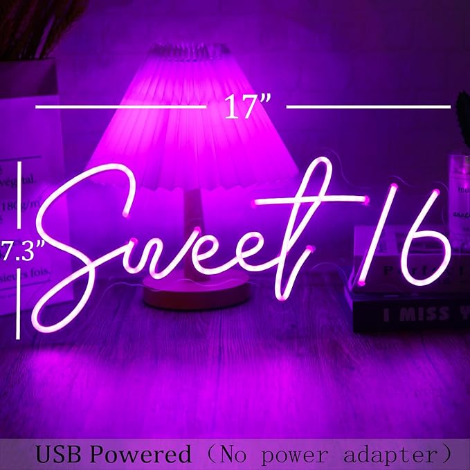 SYLHOME Sweet 16 LED Neon Light Sign 17"X7.3" 5V Sweet Girls Adults Bedroom Happy 16th Birthday Party Wall Decor Beautiful Bestie Sister Pretty Girls USB