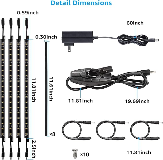 TORCHSTAR 4pcs 12 Inch LED Safe Lighting Kit, Rocker Switch, 5000K | UL Power Adapter, Input 100-240V, Linkable Gun Safe Light Bars, 600LM, for Under Cabinet Locker Closet Showcase, Daylight