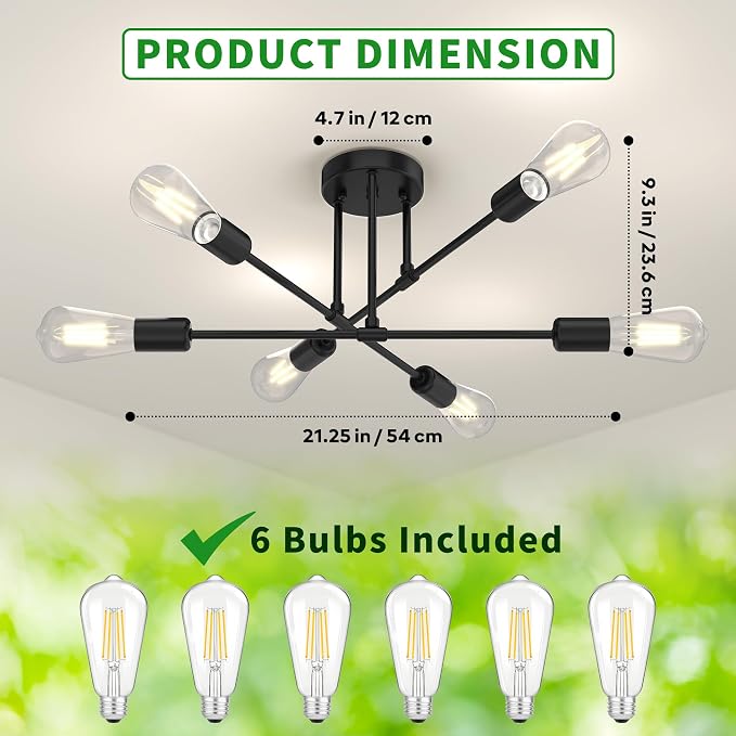 Modern Sputnik Chandelier Ceiling Light Fixtures, 6-Lights 22” Mid Century Industrial Metal Semi Flush Mount for Dining Room, Bedroom, Living Room, 6 T64 Bulbs
