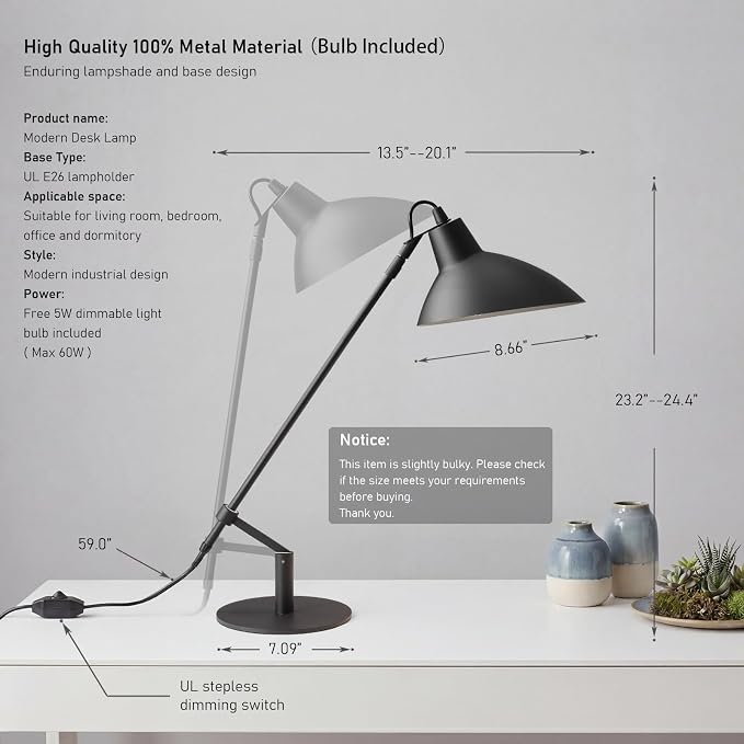 Desk Lamp Modern Industrial 100% Metal Adjustable Table Lamp 24", Natural Light (4000K) with Dimmer, Ideal for Office Bedroom Study Room Living Room Nightstand Bedside Lamps Sand Black