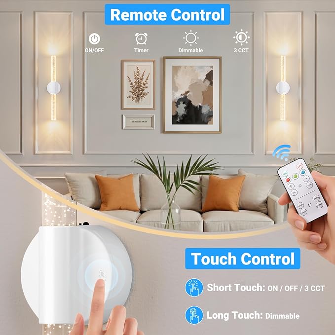 VerRon Peel and Stick Rechargeable Magnetic Wireless Wall Sconces Set of 2 | Linear Wall Lights with Remote&Touch Control, 3CCT&Dimmable Battery Powered Vanity Wall Lamp for Bedroom Living Room