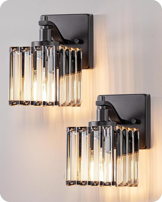 EDISHINE Hardwired Black Crystal Wall Sconces Set of 2, Modern Vanity Light | Reversible Up/Down Mounting, 1-Light, Rust-Resistant Metal, Indoor Lighting Fixtures Over Mirror, for Bathroom