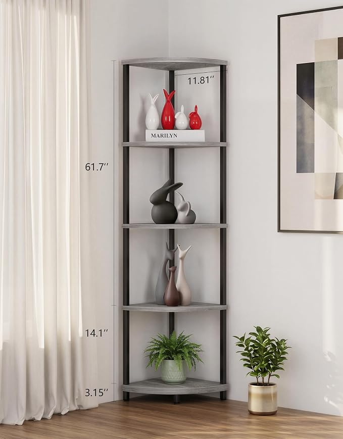 Corner Shelf with LED Light, 5 Tier Smart Color Changing Floor Lamp with Remote, 62" Display Shelf Bookshelf Narrow Storage Rack Standing Lamp for Living Room Bedroom Home Office Decor, Grey