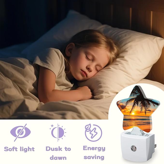 Beach Palm Trees Night Lights Plug Into Wall,Beautiful Sunset Dusk to Dawn Light Sensor Night Light for Kids,Energy Efficient Sleep Friendly Lamp for Bedroom Bathroom Nursery