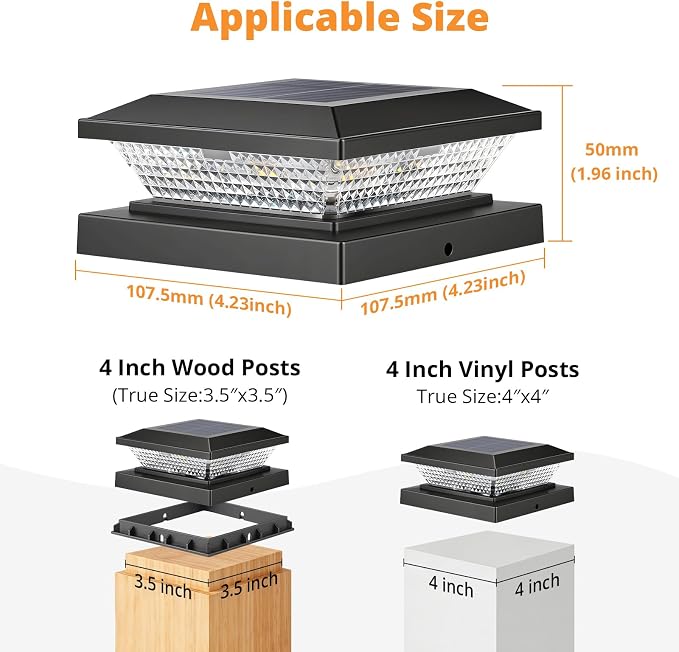 4x4 Solar Post Cap Lights Outdoor 12 Pack, Waterproof Solar Fence Light for Wooden/Vinyl Post, 2 Color Outside Deck Patio Porch Decor, Black