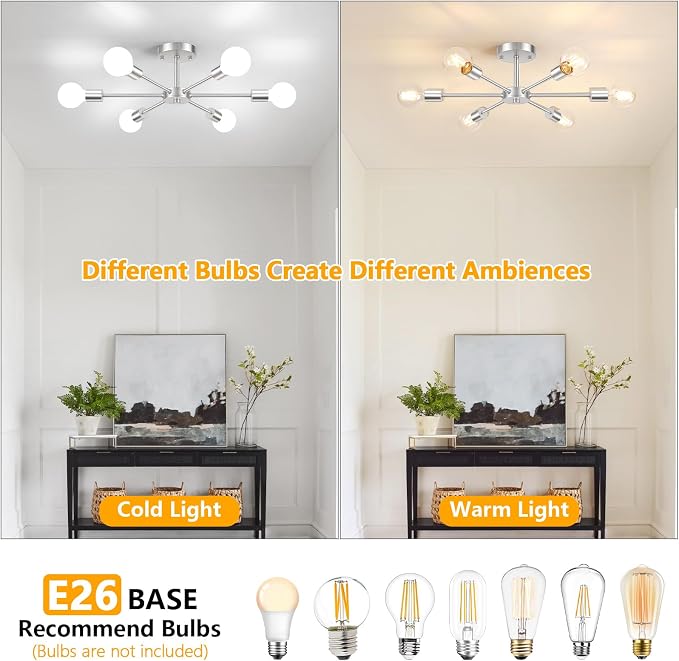 Lomoky 6-Lights Brushed Nickel Kitchen Light Fixtures Ceiling Mount, Modern Semi Flush Mount Ceiling Light, Sputnik Close to Ceiling Light for Bedroom Dining Room Hallway