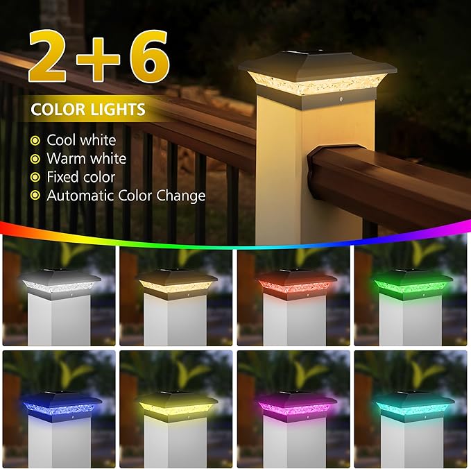 T-SUN Solar Post Cap Lights with Auto-Change Colors- for Vinyl/Wooden Posts IP65 Weatherproof Outdoor Solar Fence Post Lights for Deck, Porch, Garden & Stairs(24-Pack,RGB)