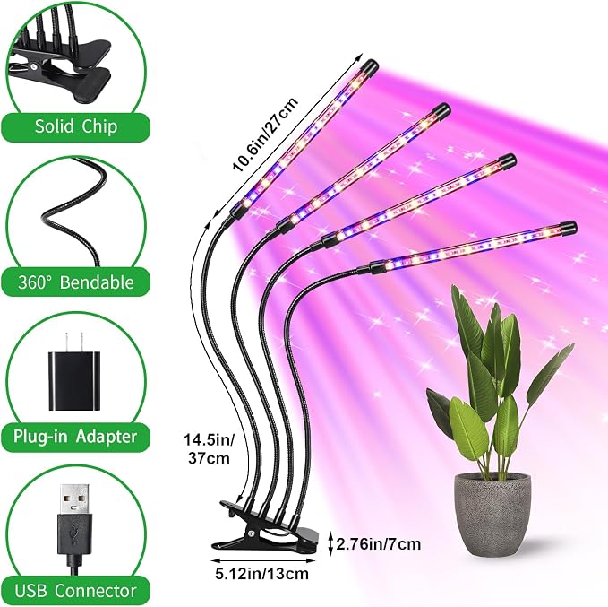 4 Head LED Plant Grow Light, Full Spectrum Clip on Plant Growing Light with Red, Blue, Yellow Beads, 10 Brightness Levels, 3 Light Modes, 3/9/12H Auto Timer,Suitable for Indoor Plants