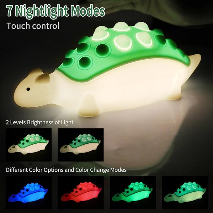 Dinosaur Kids Night Light,Silicone Nursery Dino Lamp with Pop Bubble,7 Nightlight Modes Rechargeable Bedside Touch,Baby Room Decor,Cute Dinosaurs Gifts for Toddler(Green)
