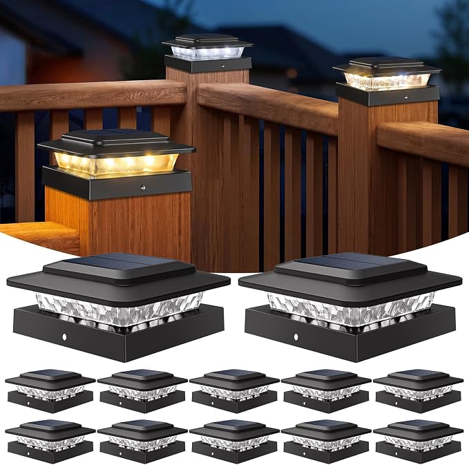 kolpop 4x4 Solar Post Cap Lights Outdoor 12Pack- 3 Color Temperatures& 2 Level Brightness, IP65 Waterproof, 16 LED Black Fence Deck Post Light Solar Powered Only for 4×4/3.5×3.5 Wood/Vinyl Posts