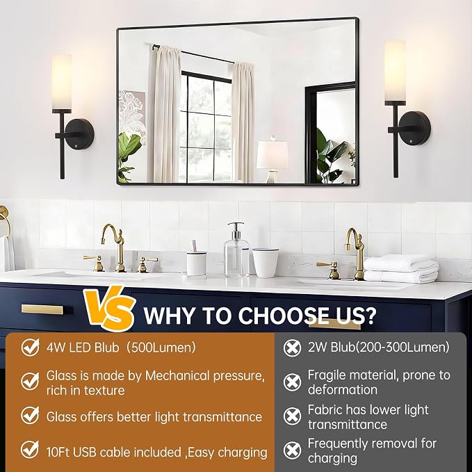 Shenmoyl Battery Operated Wall Sconces Set of 2, Black Rechargeable Wall Lighting Fixtures, Dimmable Wall Lights with Remote & Opal Glass Shade for Living Room, Bathroom,Bedroom