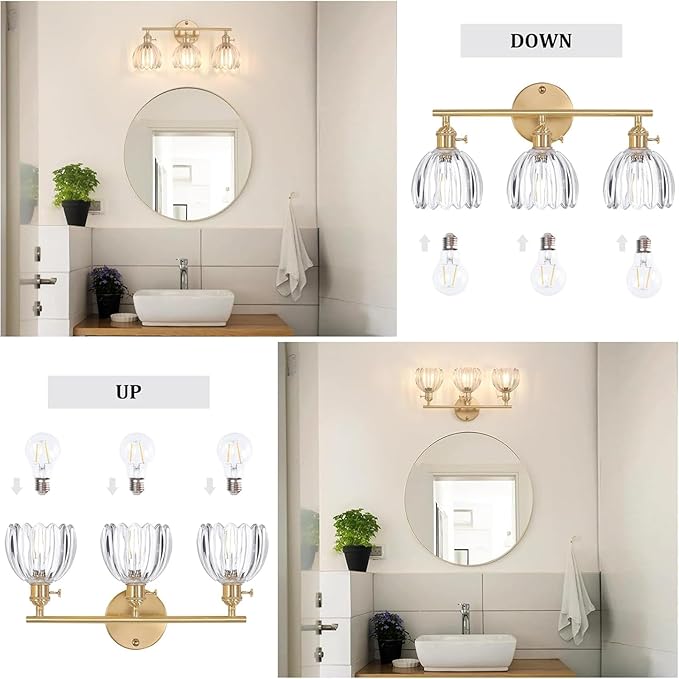 Bathroom Light Fixtures, 3-Light Brass Vanity wall Light Over Mirror with Clear Tulip Glass Shade for Bedroom Living Room (Bulb Not Included)