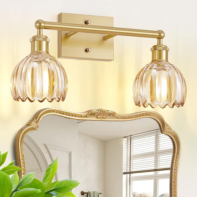 2 Light Bathroom Vanity Lights Over Mirror,Vintage Wall Sconce,Antique Brass Bathroom Light Fixtures,Tulip Sconces Wall Lighting with Amber Thick Glass Shade for Bedroom Living Room, E26 Base