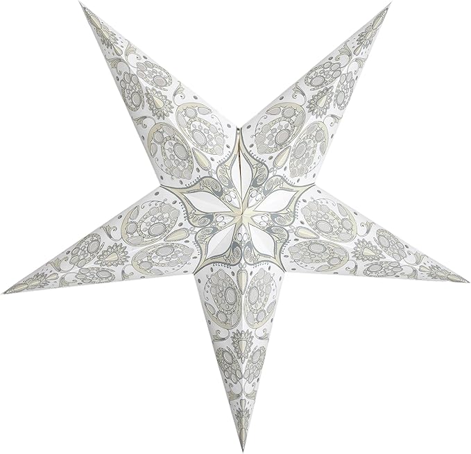 GalaxyArts Paper Star Lantern, 24 Inch Maharani White 3D 5-Point Light-Up Hanging Lamp, Handcrafted Hollow Decoration for Christmas, Weddings, Holidays, Birthday, Indoor Outdoor Party Home Décor