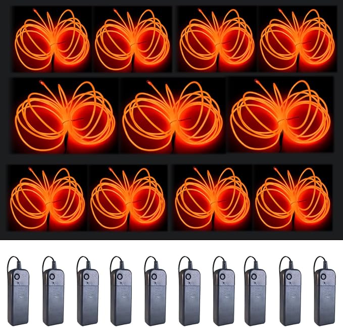 MaxLax EL Wire Orange 10-Pack, 9ft Neon Light Wire with Noise Reduction and Battery Pack…