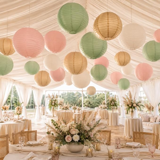 21-Pack Pink, Sage Green & Brown Paper Lanterns, Pastel Party Decor | Round Hanging Set for Woodland Birthdays, Baby Showers, Bridal Events, Boho Weddings, Classroom & Office Decor