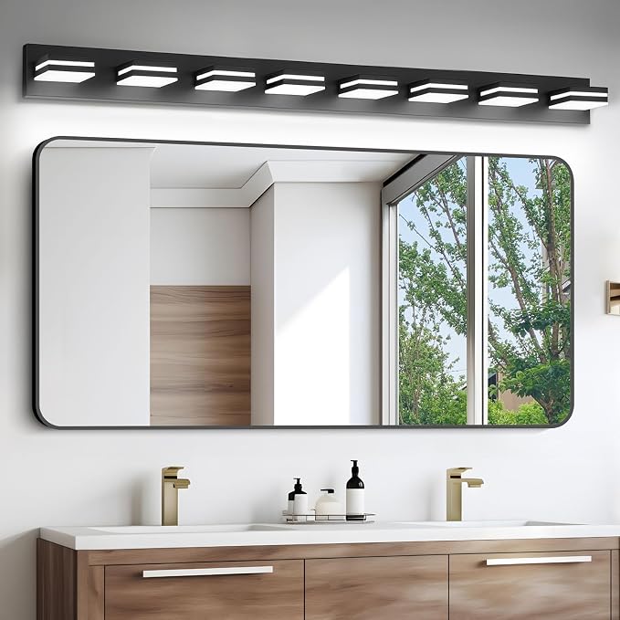 IZORRO LED Modern Bathroom Lights Fixtures(8-Light,Dimmable,360°Rotate),Matte Black Acrylic Wall Lighting,Vanity Lights for Bathroom Over Mirror - 6000k 48In （No Assembly Required）