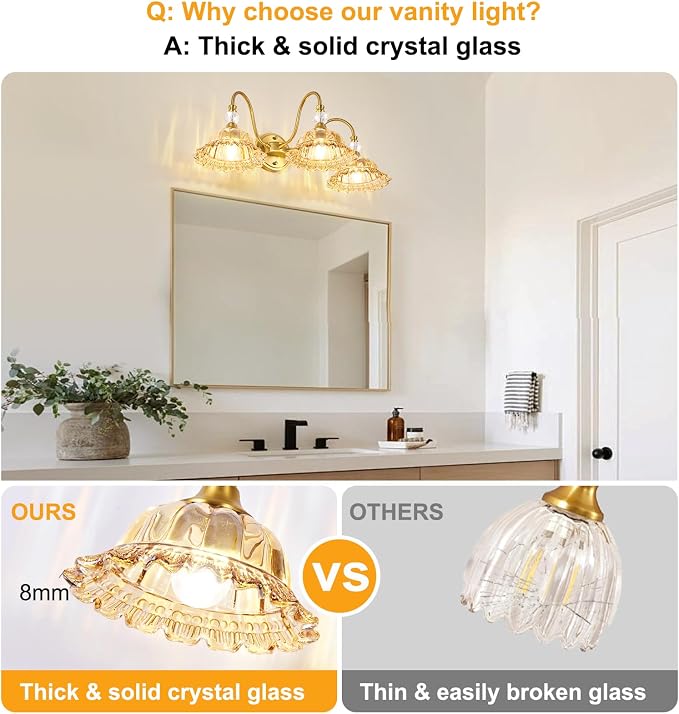 Mid Century Bathroom Light Fixtures 3 Lights Brushed Gold Vanity Lights for Bathroom with Floral Amber Crystal Glass Shade Bathroom Vanity Lighting Fixtures Over Mirror for Bedroom Living Room Hallway