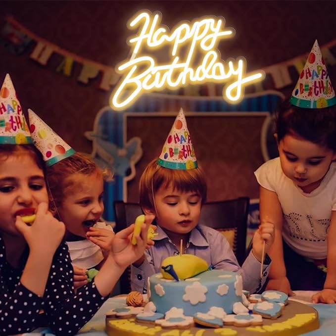 Happy Birthday Neon Sign for Wall Party Decor, LED Happy Birthday Light up Sign for Backdrop, 16"x 11" USB Powered 10 Brightness Settings Light up Signs Party Decorations Backdrop, Warm White