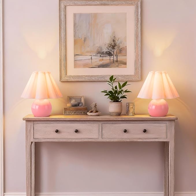 Pink Small Bedside Mini Table Lamp for Bedroom, Cute Bedroom Lamps for Nightstand, Cute Mini Table Lamps for Small Spaces with Scalloped Shade for Kitchen Counter, Bookshelf, Kids Dorm, Home Office
